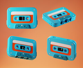 3d illustration blue audio music retro cassette tapes on orange color, 3d rendering. In the style of the 90s. 3d rendering.