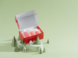 Cosmetic products in red giftbox with Xmas theme