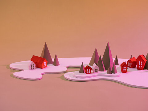 Trees and the paper house town at Christmas day isolated on color background
