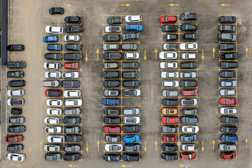 View from drone on parking with many cars