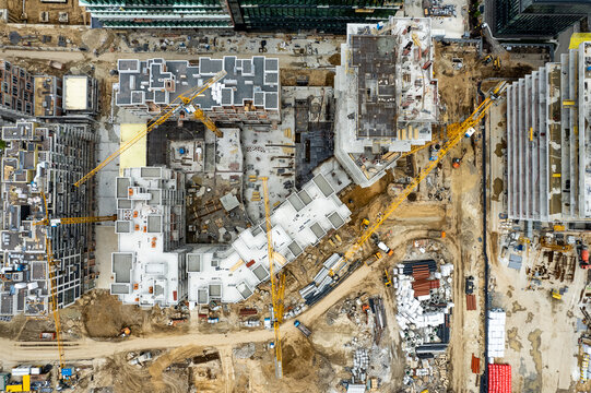 View from drone on construction site at urban area