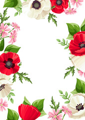 Vector card with red and white poppy flowers, small pink flowers, and green leaves. Greeting or invitation card design