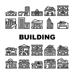 Building Construction Exterior Icons Set Vector. Shopping And Commercial Center Skyscraper, Seafood Sushi Restaurant, Cinema Night Club Building Line. Coffee Shop And Cafe Black Contour Illustrations