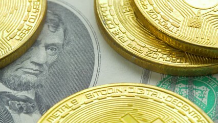 Bitcoin BTC coins, virtual money. Digital money on mining farm in digital cyberspace. Crypto currency, quotes online concept, stock exchange. Abraham Lincoln, 16th president of USA on dollar banknote