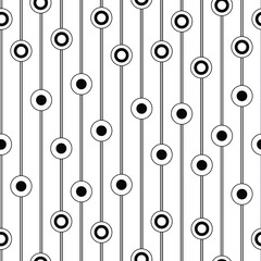 seamless black and white abstract pattern depicting vertical lines with concentric balls for printing on fabrics, clothing, packaging and interior decoration