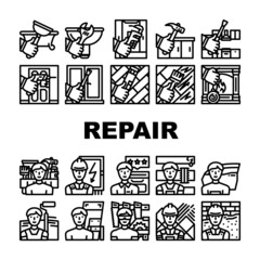 Repair And Maintenance Service Icons Set Vector. Shower Tray And Sink Repair, Kitchen Worktop And Unit, Fireplace And Wood Floor Scratch Line. Repairman Repairing Black Contour Illustrations