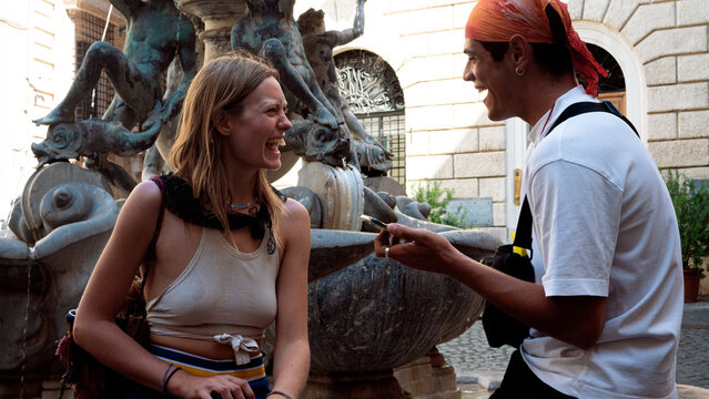 Two young people having fun in the city 