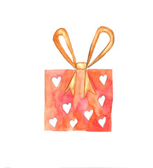 Festive box for Valentine's Day with hearts, painted in watercolor. Postcard for Valentine's Day.