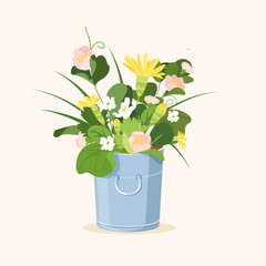 Garden bucket with flowers on beige background. Spring or summer gardening card. Flat vector botany illustration