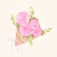 Spring bouquet peony ranunculus vector flower. Garden blooming flowers, envelope. Wedding gift, plants stems and leaves cute cards posters element. Flat style illustration