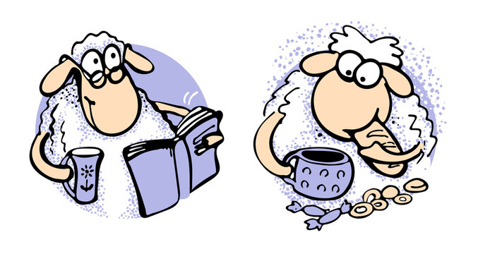 Set cute old ram with bible book and plump lamb with yummy and biscuits and cup