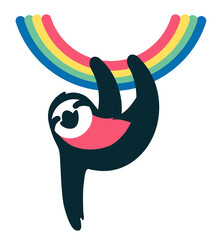 a minimalist illustration of a black sloth hanging from a rainbow © Dina