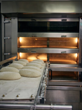 Professional bakery oven with bread loafs ready to go in 