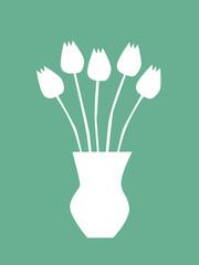 Greeting card from white tulips in a vase on a green background. Illustration of a vase with tulips.