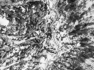 Drop down view of a mountain river flowing through winter forest.