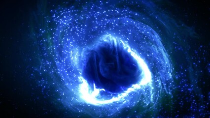 Abstract blue glowing particle swarm around a dark cloudy nucleus swirl. Concept 3D animation of a mystery artificial intelligence evolving and spinning as a collective intelligent synthetic organism.