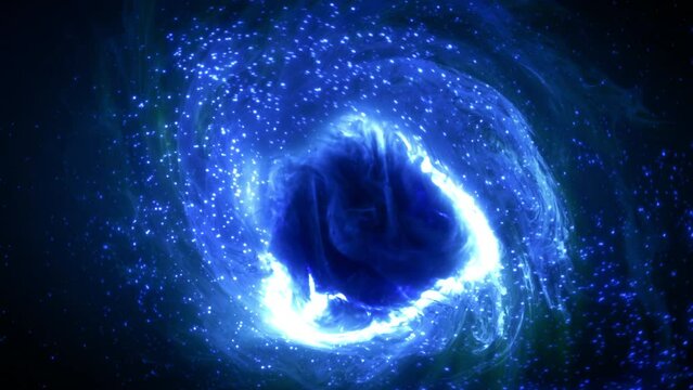 Abstract blue glowing particle swarm around a dark cloudy nucleus swirl. Concept 3D animation of a mystery artificial intelligence evolving and spinning as a collective intelligent synthetic organism.