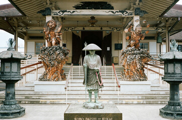 The Kobo Daishi Kukai statue outside of a church in Oahu, Hawaii.
