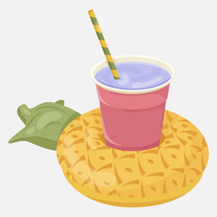 Pineapple Shaped Inflatable Mattress icon with cocktail for pool party, beach holiday and hotel vacation. Vector illustration