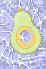 Inflatable mattress in the shape of an avocado in the pool, pool party, beach vacation, hotel vacation with inflatable toys. Vector illustration