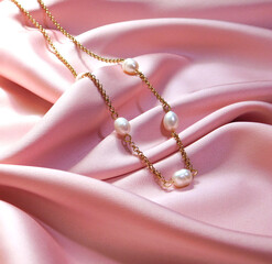 pearl necklace on a satin background, pearl, jewelry, necklace, luxury
