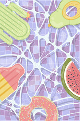 A concept with pool water and inflatable mattresses of different shapes for a poster or an invitation to a party. Vector illustration