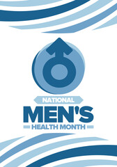 National Men's Health Month in June. Celebrated in United States. Educational program that teaches you how to work on your body. Healthy eating, exercise and disease prevention. Medical vector poster