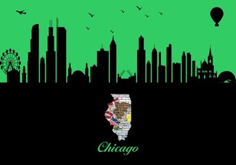 Chicago city skyline silhouette - illustration, 
Town in blue background, 
Map of Illinois