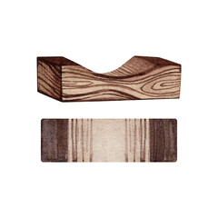 Wooden stand for Chinese chopsticks top and side view. Watercolor illustration. Isolated white background.