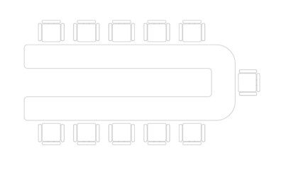 Graphic drawing of a meeting table with chairs from above. Black and white 2D drawing using CAD.