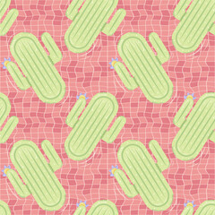 Seamless pattern with cactus shaped inflatable mattresses for pool party, fabric background and banner. Vector illustration