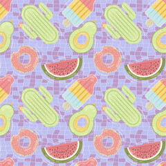 Seamless pattern with inflatable mattresses in various shapes for pool party, fabric background and banner. Vector illustration