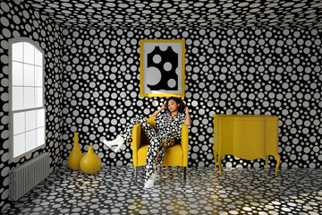 Portrait of a young woman lying on a yellow armchair