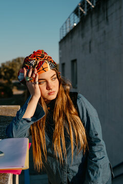 Beautiful Cuban student girl at rooftop