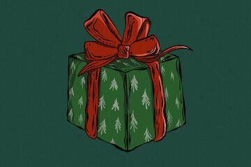 green christmas present with a red ribbon