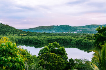 Holguin Province, Cuba, stunning, gorgeous inviting landscape tropical view with salted lake in tropical forest 