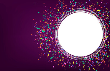 Colorful Confetti And Ribbons with emrty circle on dark purple background. Vector