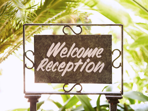Welcome reception sign at luxury tropical resort