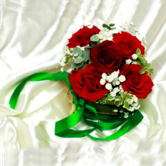 Basket seen from above with red roses and green ribbon on white satin fabric.