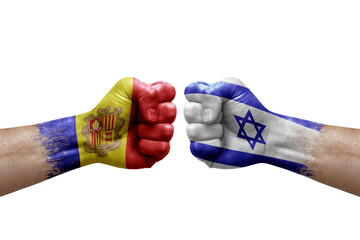 Two hands punch to each others on white background. Country flags painted fists, conflict crisis concept between andorra and israel