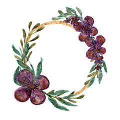Elegant watercolor gold round wreath with purple flower and green twigs. Watercolour botanical circle frame with blossoms and leaves for greeting card design, fall wedding decoration, banner decor