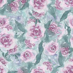 Delicate watercolor claret color floral seamless pattern of roses with deep gray and indigo leaves. Pale colors painting flowers texture for textile, wallpaper, wrapping paper, surface design