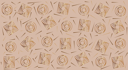 Luxurious abstract background with a texture of lines and golden shapes formed from circles and squares. Graphic wallpaper on a beige background.