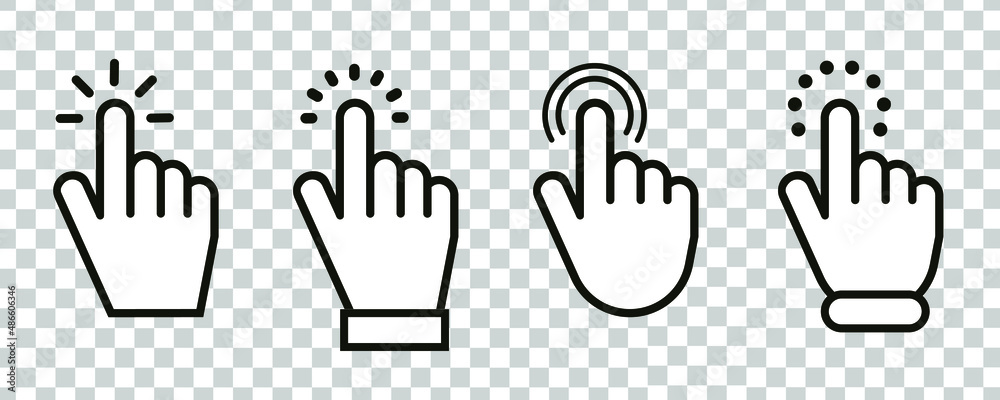 Leinwandbilder Pointer cursor сomputer mouse icon. Clicking cursor, pointing hand clicks icons on transparent background. Click cursor - stock vector.