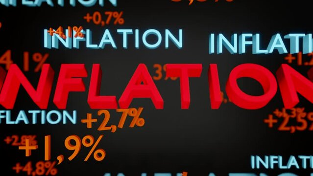 Inflation concept with different percentages and the glowing word inflation in the center and multiple times in light blue. 3D animation