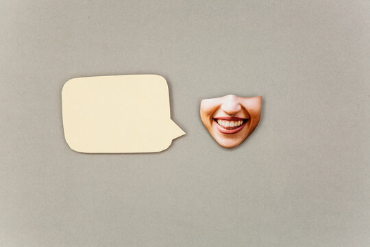 Smiling woman speech bubble collage