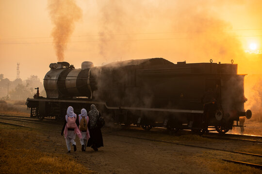 School Girls and the Steam locomotive !