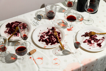 New year's party aftermath. Messy drinks table.