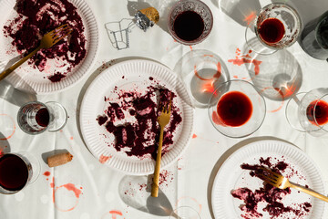 New year's party aftermath. Messy drinks table.