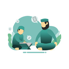 Reciting the Holy Quran with Sheikh Flat Illustration Moslem